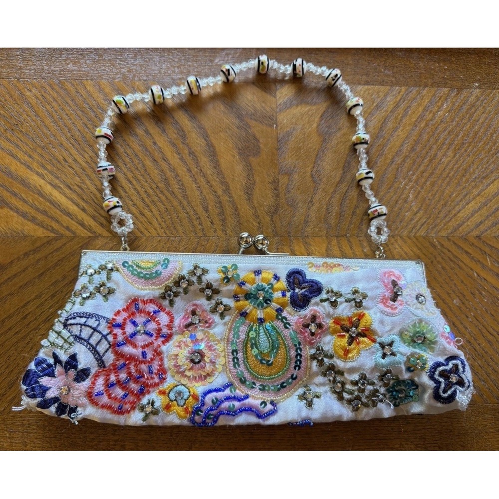 Beaded Floral Satin Clutch Bag Kiss Lock Silver Beaded Handle Boho 10"x4"